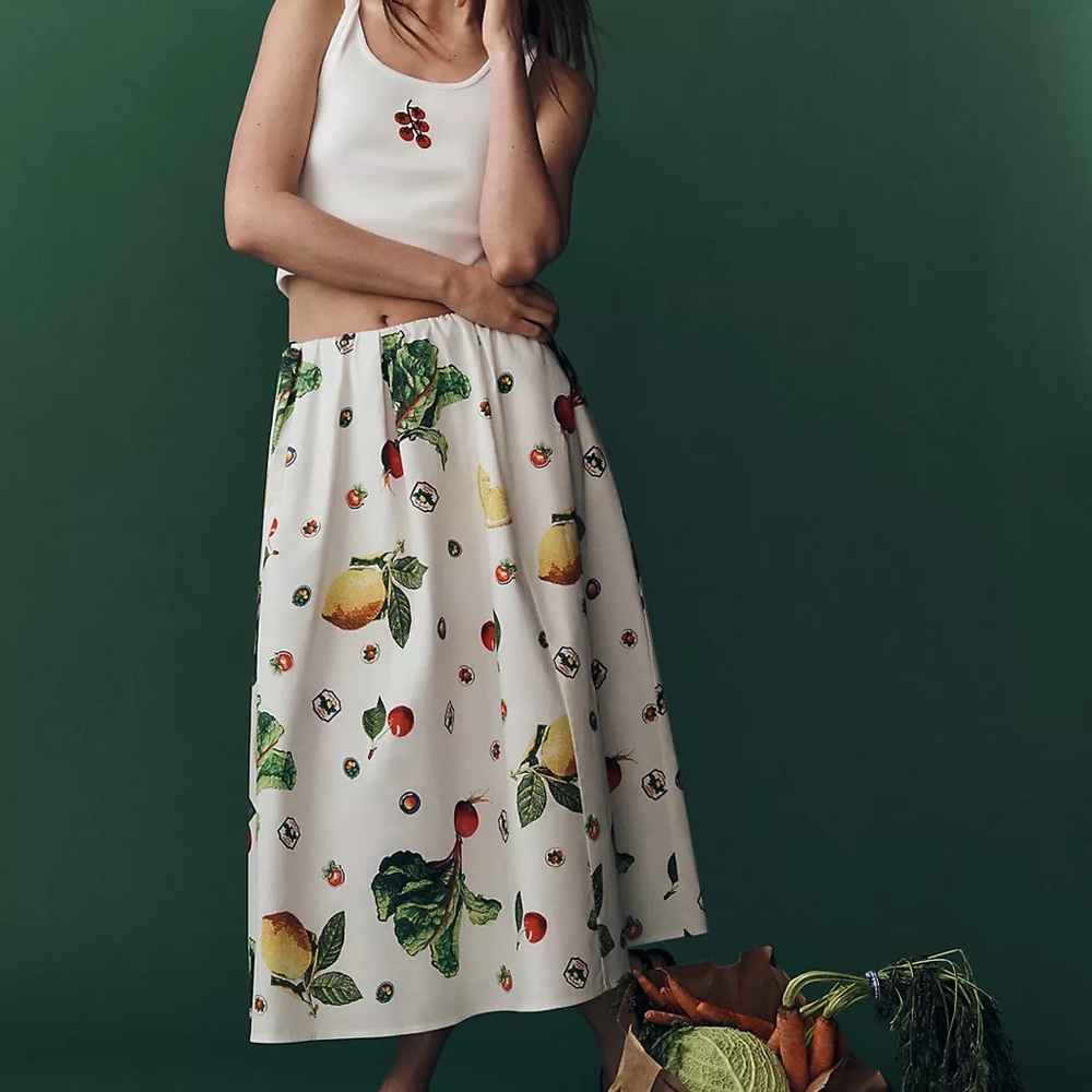Maeve Cream Midi Skirt with Green and Red Accents